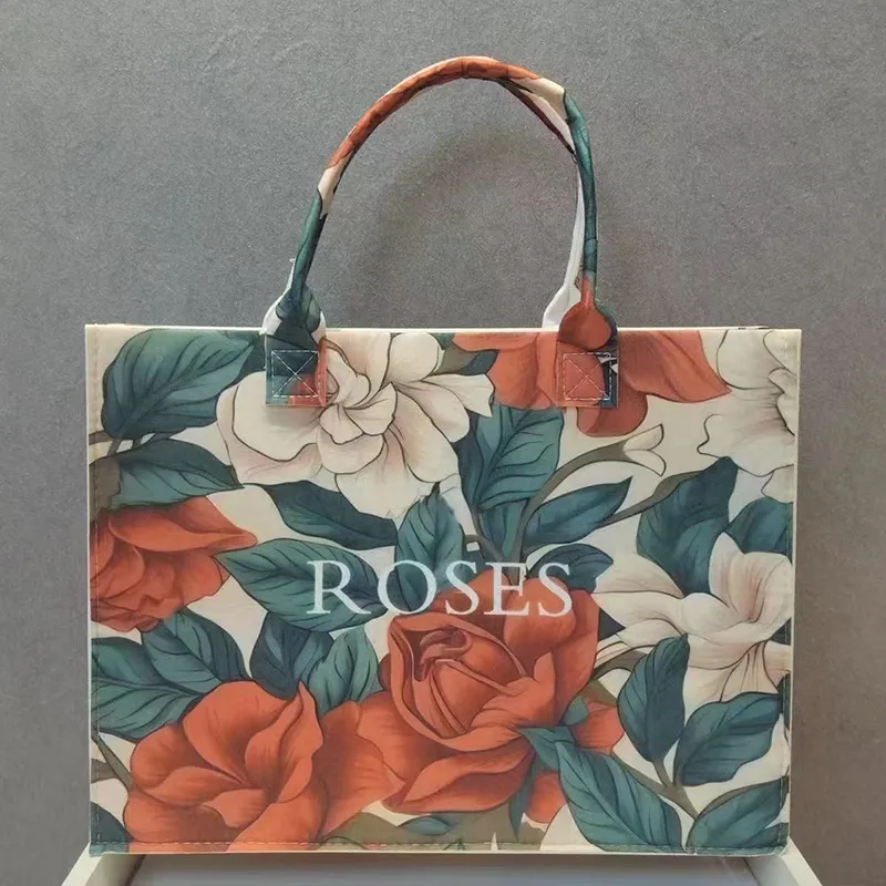 Women's Felt Flower Vintage Style Square Open Tote Bag