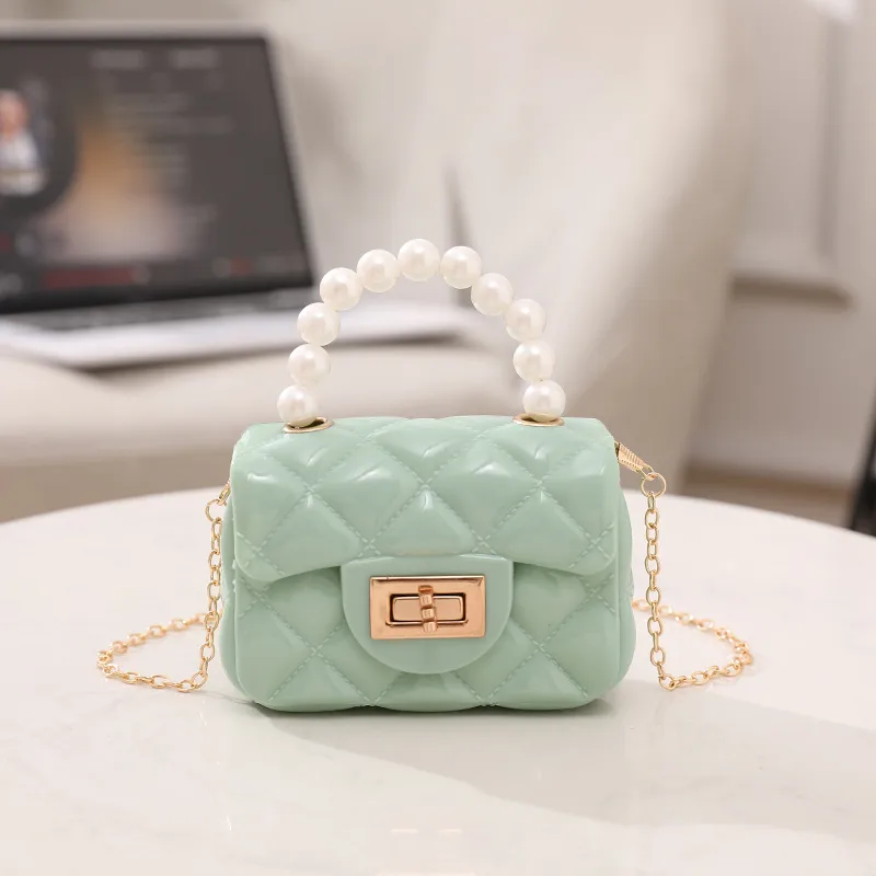 Women's PVC Solid Color Cute Beading Pearls Square Lock Clasp Crossbody Bag