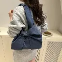 Women's Large Denim Bow Knot Streetwear Sewing Thread Square Open Tote Bag