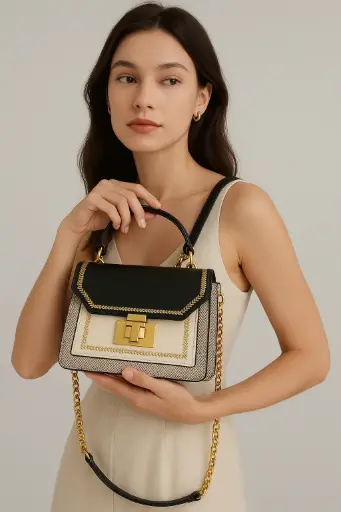 Women's Pu Leather Color Block Streetwear Square Lock Clasp Handbag