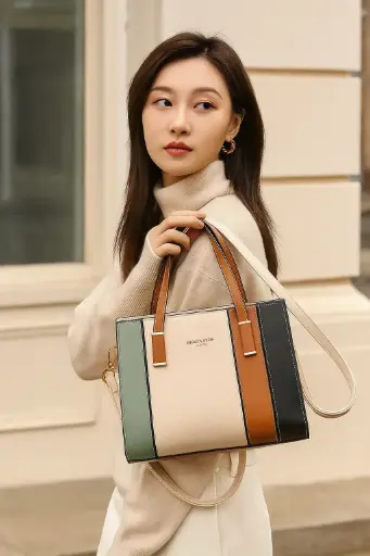 Women's Pu Leather Color Block Elegant Streetwear Bucket Zipper Handbag