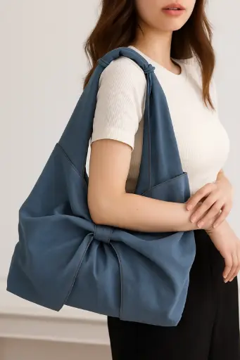 Women's Large Denim Bow Knot Streetwear Sewing Thread Square Open Tote Bag