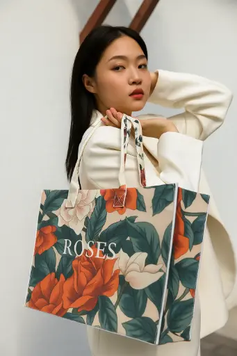 Women's Felt Flower Vintage Style Square Open Tote Bag